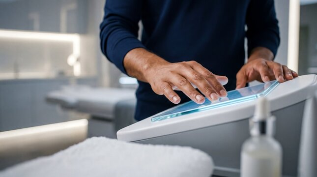 Indian Male Hands Interacting with Smart Wellness Device for Future Healthcare Technology