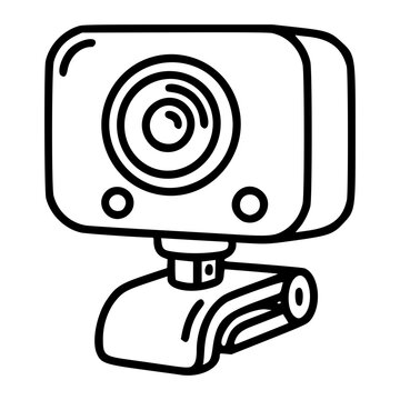 Minimalist hand-drawn vector icon of compact high definition webcam on flexible stand, clean line art illustration for video conferencing, streaming and computer technology branding.