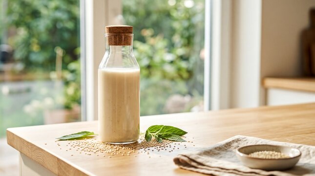 Fresh Sesame Milk Bottle on Sunlit Kitchen Counter &ndash; Healthy Dairy-Free Alternative