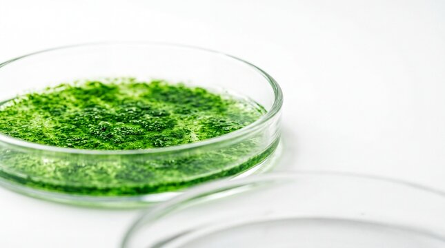 Vibrant Green Algae Culture in Petri Dish for Sustainable Protein Research and Development