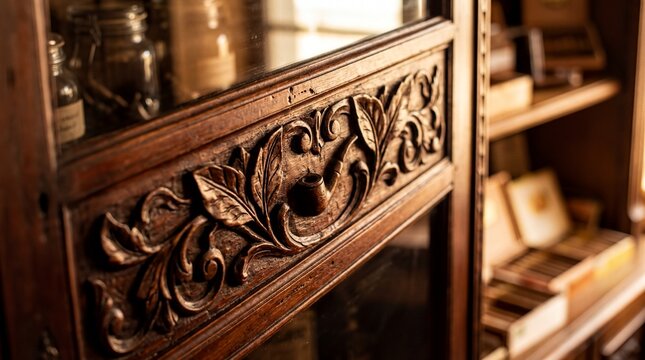 Vintage Wooden Cabinet Carvings in Golden Hour Light - Artisanal Craftsmanship for E-commerce
