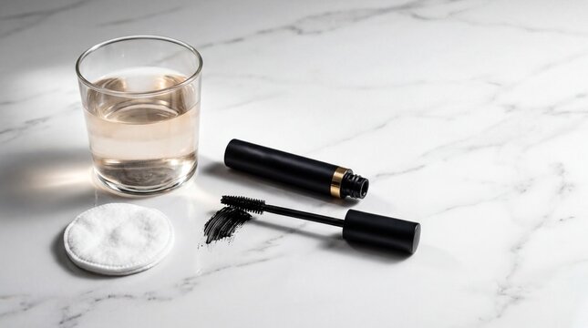 Elegant Tubing Mascara Flat Lay with Water and Cotton Pad for Beauty Product Advertising