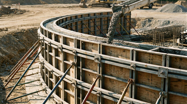 Concrete pouring into circular formwork on construction site. Industrial process of building foundation with metal molds. Civil engineering project in development for infrastructure.