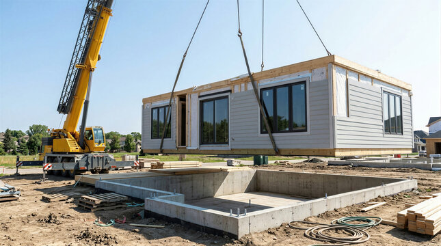Crane lowering modular house section onto concrete foundation. Construction site of prefabricated dwelling. Innovative housing development and residential project engineering concept.