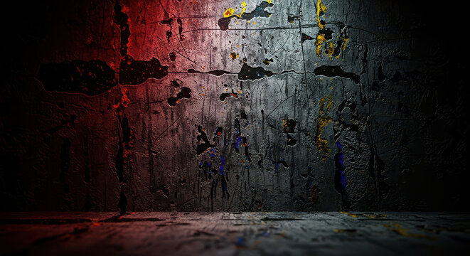 A Dramatic Red-Lit Darkly Shadowed Abstract Street Art Mural on a Weathered Cracked Wall in a City