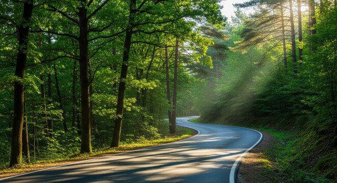 A serene and picturesque road winding through a dense forest illuminated by a warm and golden