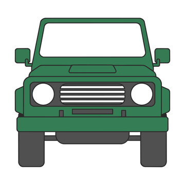 Minimalist front view outline of a boxy rugged off-road vehicle with symmetrical features and round headlights. Automotive design concept