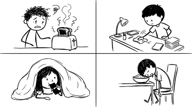 A four-panel comic illustrating the frustrating and often comedic mishaps that can occur in daily life, showcasing human emotions and relatable experiences.