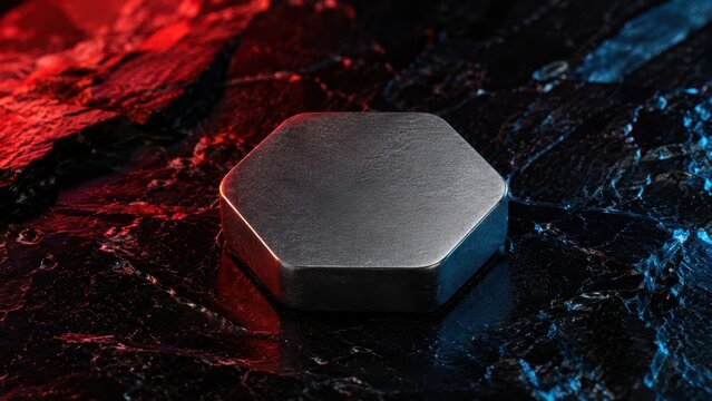 Precision hexagonal alloy block on dark mineral rock with precise engineering detail and professional studio lighting