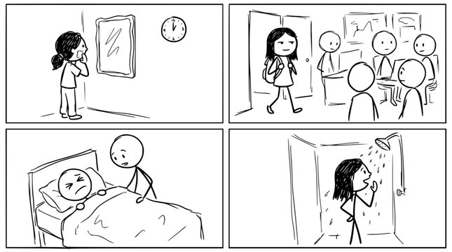 A character appears worried in a school setting, depicting the stress of being late, capturing relatable school experiences with friends and emotions.