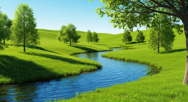 A serene and peaceful landscape with a gentle stream running through a lush green meadow under a
