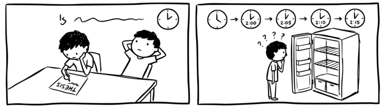 The image conveys a humorous take on waiting for food and the escalating impatience faced, blending the concept of time with the everyday experience of hunger.