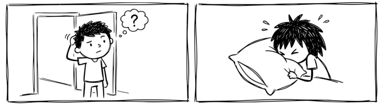 Two panels illustrate a young boy's puzzlement and his subsequent transition to a state of comfort and calm, demonstrating the relatable theme of searching for clarity before rest.