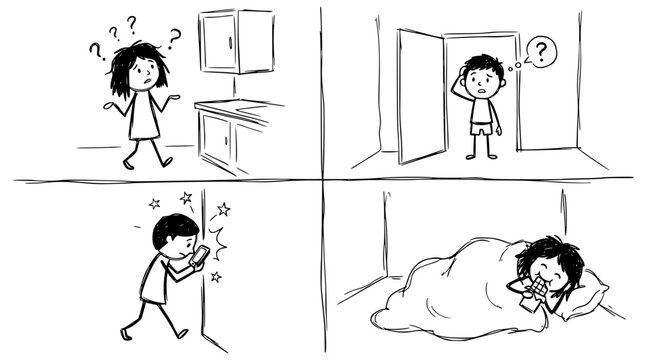 Through four quirky panels, the image highlights feelings of confusion and disarray, ending with a moment of comfort in a cozy setting while immersed in a mobile device.
