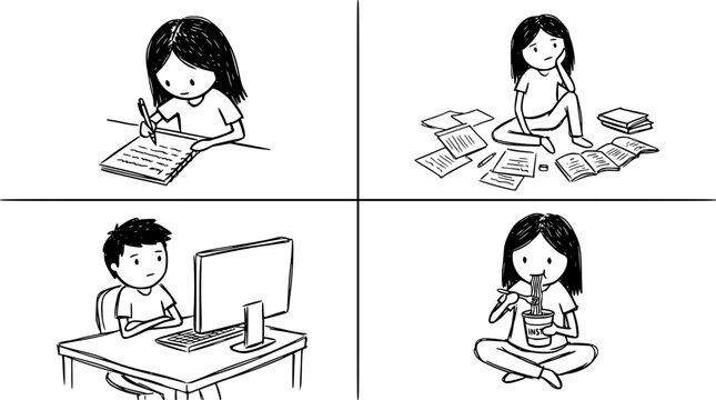 This image portrays a student's struggle with studies, contrasting her efforts with the comfort sought in food, reflecting the balance of academic pressure and personal well-being.