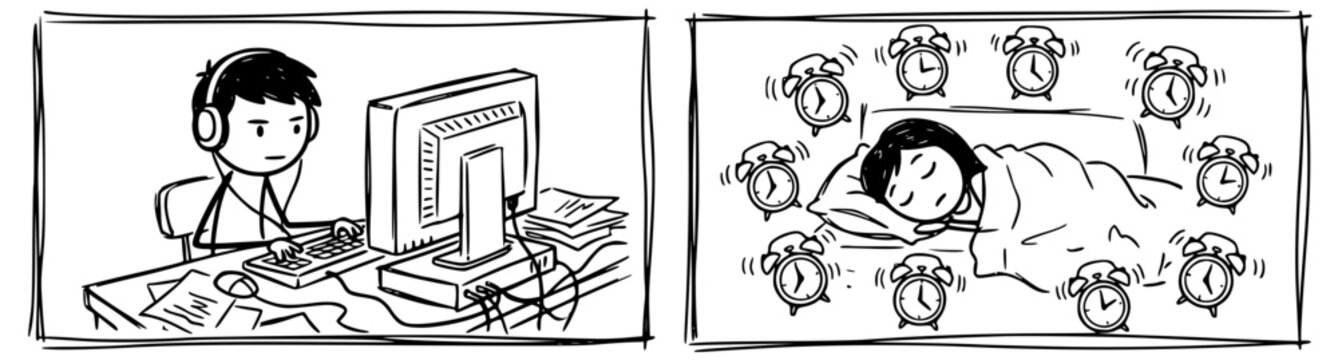 A person is immersed in work at a computer while another person is disturbed by multiple alarm clocks, revealing the battle against procrastination and time management.