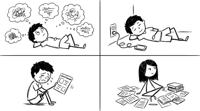 This comic portrays the chaotic thoughts and study struggles of a student, capturing emotions like anxiety and overwhelming feelings during study hours.