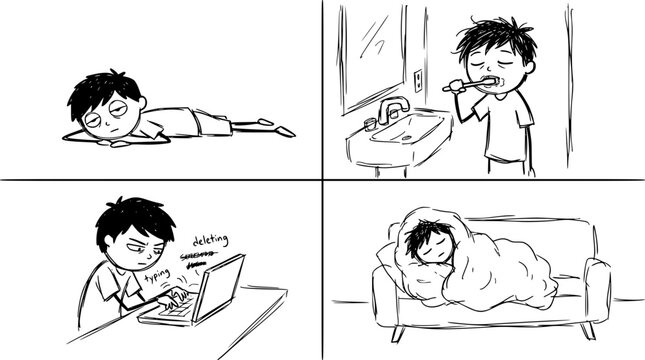 This comic highlights a person's daily life routine, showcasing both mundane and playful moments, amplifying the emotional journey individuals frequently navigate.