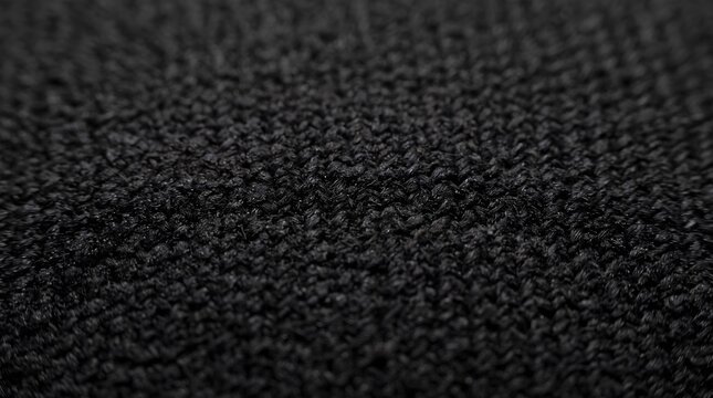 Close-up of a dark, textured fabric surface with intricate weave pattern and subtle shadows, showcasing detailed knitwear material