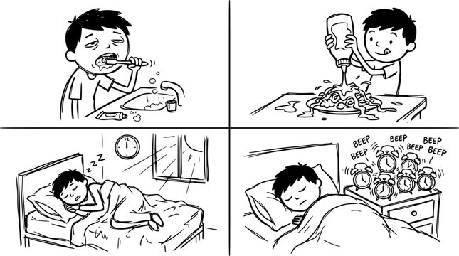 A humorous depiction of a boy's morning routine, showing his struggle with the toothbrush, playful spaghetti, and the chaos of alarm clocks in bed.