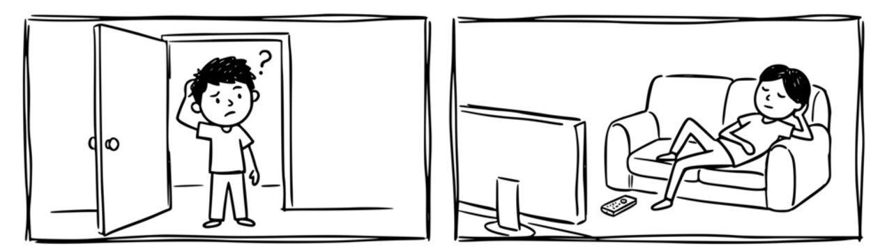 A young boy stands hesitantly at an open door with a puzzled expression, while in the next panel, a girl lounges on the couch, completely at ease watching television.