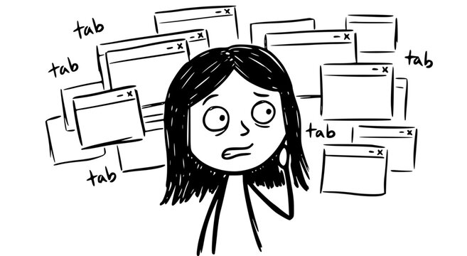 A character feels overwhelmed by numerous open browser tabs, illustrating decision fatigue and the challenge of managing online distractions in modern life.
