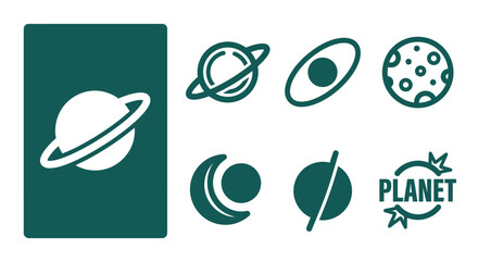 Minimalist dark teal planet icon set featuring flat vector designs of Saturn, orbit, cratered moon, celestial axis, and planet typography on a clean white background. © Nemo Katana