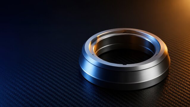 Precision machined alloy ring on dark surface with precise engineering detail and professional studio lighting