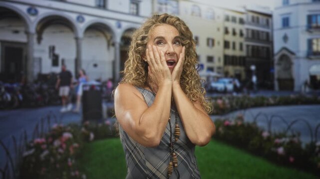 Woman with hands on cheeks gasping on a city street by historic building arches and flowerbed; surprise awe.