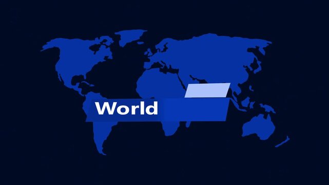 World map silhouette on deep background with news-style colorful lower-third graphic animation