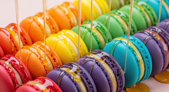 A close-up shot of a macarons tray with an array of colorful sweetly-angled pastries