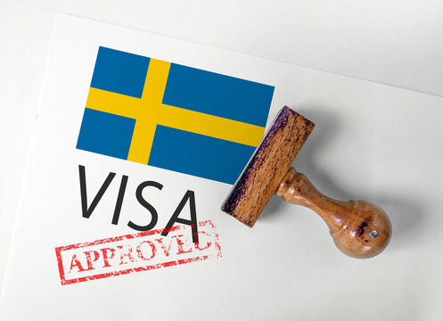 Sweden Visa Approved with Rubber Stamp and flag
