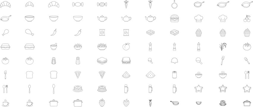 Hand-Drawn Culinary Vector Icon Set Featuring 88 Hand-Traced Food and Kitchenware Outlines Including Croissants, Skillets, Teapots, Burgers, Vegetables in Minimalist Line Art Style for Menu Design
