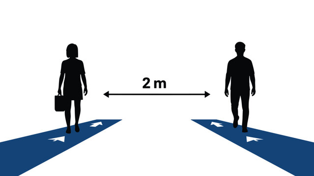 Silhouettes of a man and a woman maintaining a safe two meter distance while walking in public for social distancing compliance in flat style.
