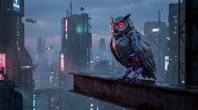 Futuristic robotic owl with glowing red eyes perched on a rusty beam, looking around a sprawling cyberpunk city at night.