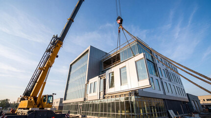 Fototapeta premium Mobile crane lifts modular unit onto a glass office building under blue sky, showing modern construction
