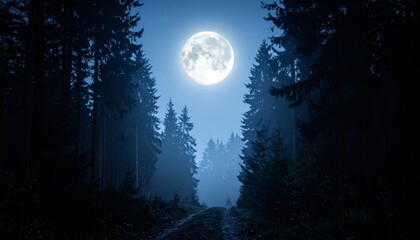 Fototapeta premium Mystical Moonlit Forest Landscape Under a Bright Full Moon with Blue Night Sky Clouds and Tree Silhouettes