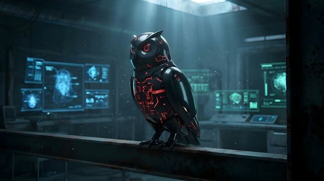 Futuristic robotic owl with glowing red circuits in tech laboratory