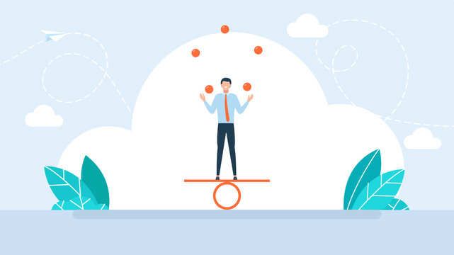 Businessman juggling with balls while balancing on seesaw. Corporate manager multitasking, executive handling work balance, stress risk management, professional project control. Flat illustration