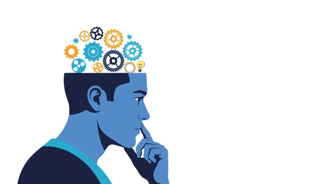 Profile of a man's head with colorful gears and a lightbulb inside representing creative thinking, innovation, and mental processes.
