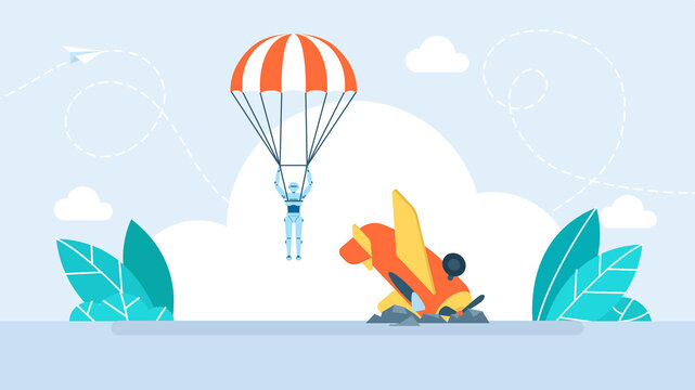 	
Robot escaping airplane crash with parachute for rescue. Artificial intelligence tech failure emergency, business startup crisis management, risk security recovery. Flat illustration