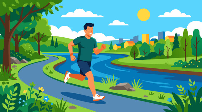 Energetic young man jogging on a winding riverside path in lush green park, sunny morning city skyline, trees, flowers and blue water in vibrant flat vector fitness illustration scene