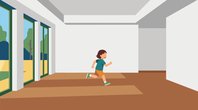Happy child running through spacious empty modern home interior with tall windows, wood floors, white walls and bright daylight, joyful moving day vector illustration for family lifestyle