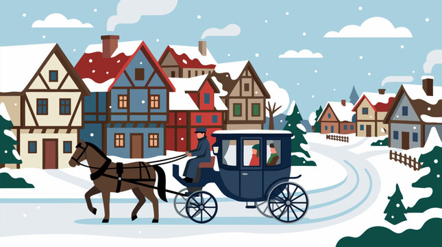 Charming horse drawn carriage vector illustration gliding through snowy old town street, cozy half timbered houses, falling snow, winter village charm and nostalgic holiday travel scene
