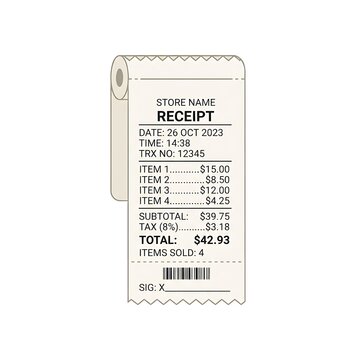 A flat vector illustration of a paper store receipt showing purchase details and total price.