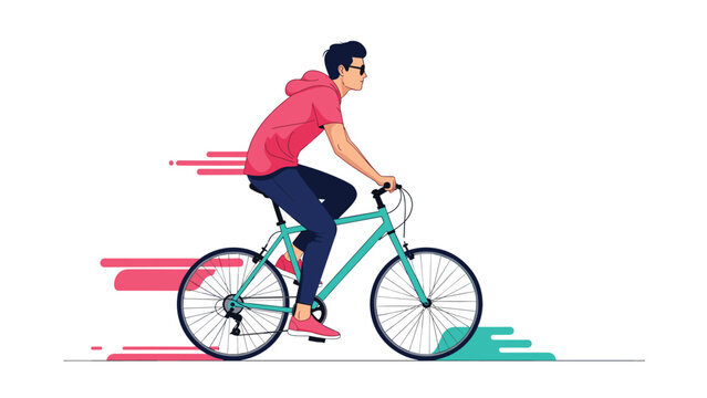 Fast cycling and active transportation concept featuring a man on a green bicycle moving quickly with pink motion lines.