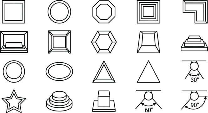 Trophies award display case floor plans flat glyph vectors showing exhibition pedestals glass outlines trophy bases spotlight beam angles templates