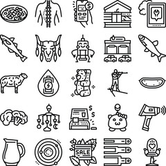 Fototapeta premium Set of diverse black line art icons illustrating common objects, medical procedures, technology, food, lifestyle elements, and business concepts on a clean white background