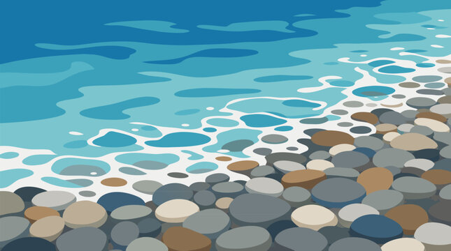 Gentle turquoise waves washing over smooth rounded pebbles at a sunlit shoreline, serene coastal vector illustration with foamy surf, layered blue water, natural stones, and tranquil beach texture
