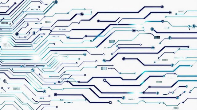 Abstract blue circuit board lines on white background representing technology